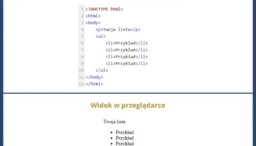 Kod HTML tworzący listę punktowaną. Pokazuje, jak zrobić listę w HTML, która potem wyświetla się w przeglądarce.