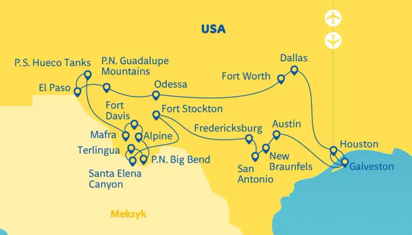 Mapa Teksasu z zaznaczonymi miastami i atrakcjami, w tym stolicą Teksasu, Austin.