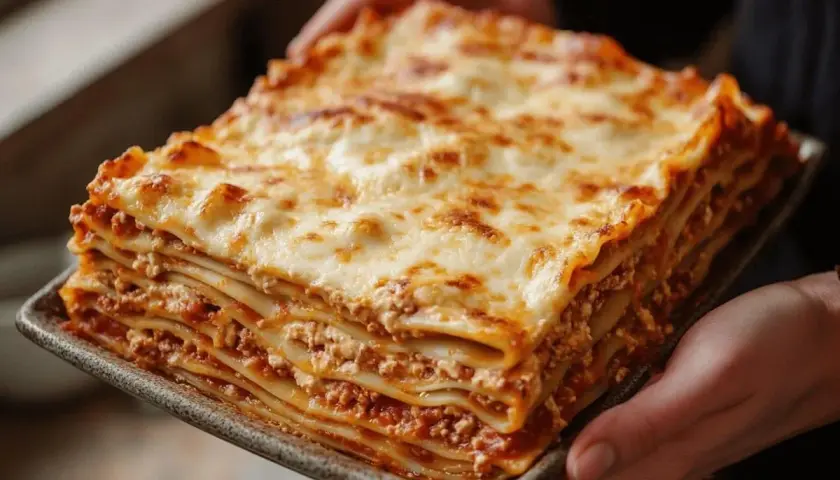 Une généreuse part de lasagne italienne, empilée de pâtes, sauce à la viande et fromage fondant. Parfait pour une recette lasagne italienne maison.