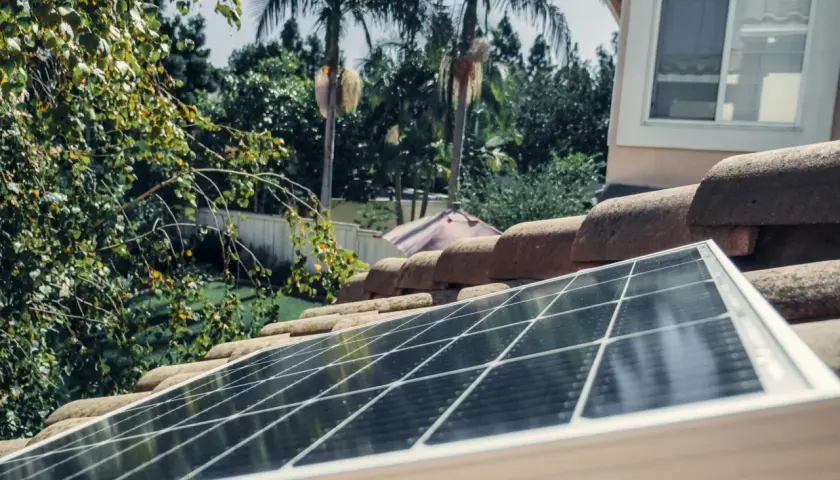 Panel solarny na dachu, obok palm. Czy lampa solarna ładuje się od żarówki? Nie, potrzebuje słońca.