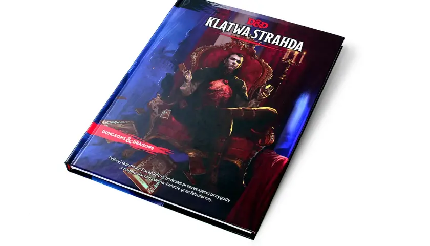 Okładka gry D&D "Klątwa Straha". Wampir Straha siedzi na tronie, otoczony mroczną atmosferą.