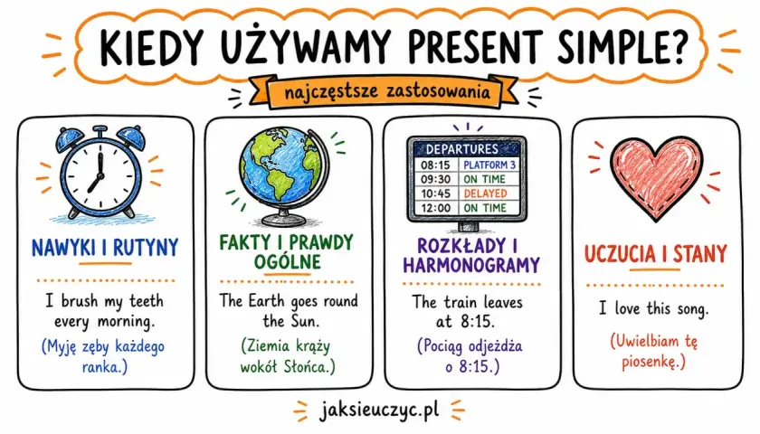 Ilustracja pokazuje, kiedy używamy present simple: nawyki (budowa "I brush my teeth"), fakty ("The Earth goes round"), rozkłady ("The train leaves") i uczucia ("I love this song").