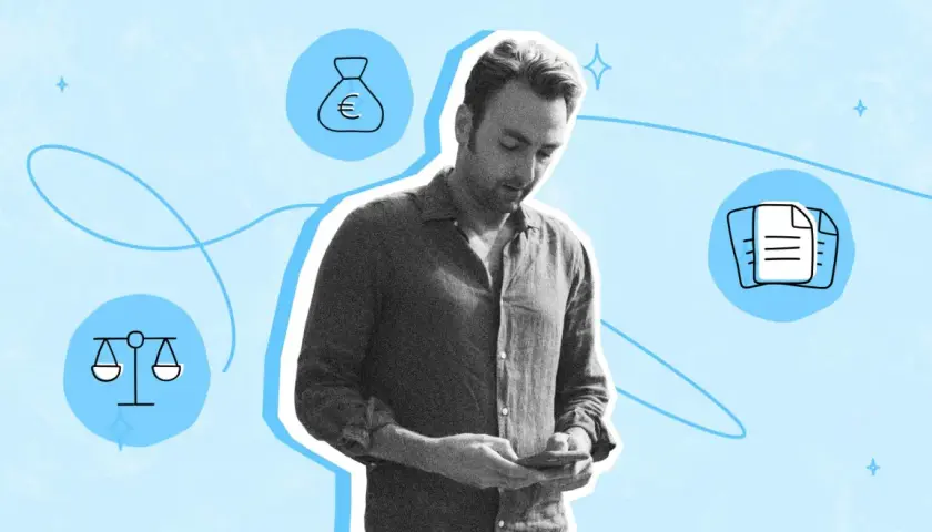 Un homme regarde son téléphone, entouré d'icônes symbolisant l'argent, la justice et des documents. Il pourrait s'agir d'une situation de nullité d'une reconnaissance de dette.