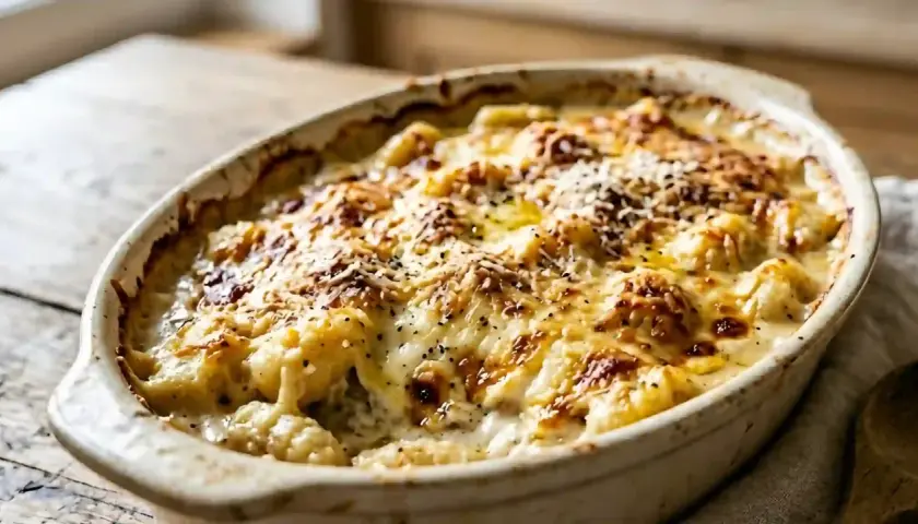Un plat gratiné de gnocchi à la romaine, doré et appétissant, avec du fromage fondu et du poivre noir.