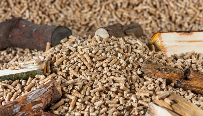 Góra pelletu drzewnego, który jest najlepszy pellet na rynku, z kawałkami drewna.