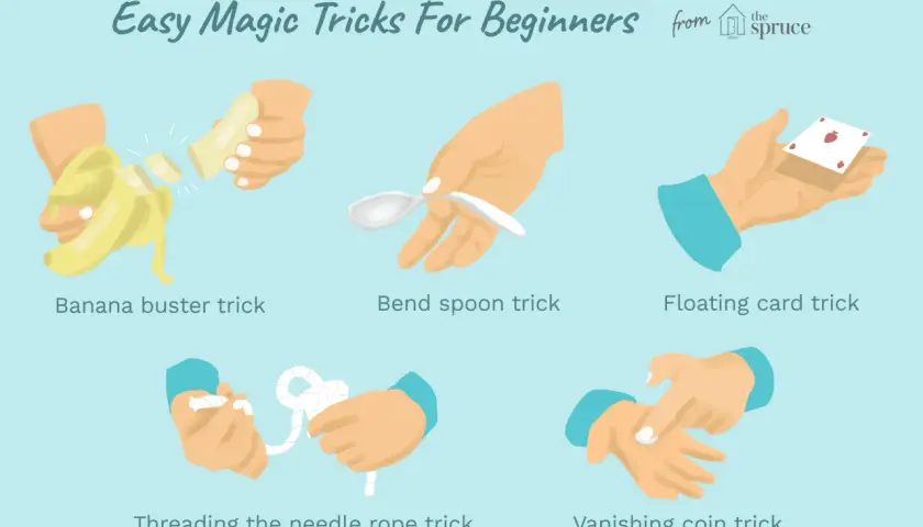 Illustrazione di 5 trucchi di magia facili da fare: banana che si spezza, cucchiaio piegato, carta che fluttua, corda infilata e moneta che scompare.