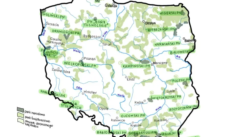 Mapa Polski z zaznaczonymi parkami narodowymi. Ile jest parków narodowych w Polsce? Na mapie widocznych jest 23 parki narodowe.