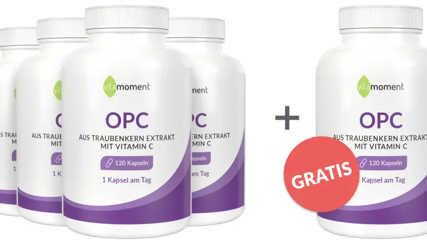 Flaschen mit OPC Traubenkernextrakt und Vitamin C. Ein Gratis-Angebot hebt die OPC Vorteile hervor.