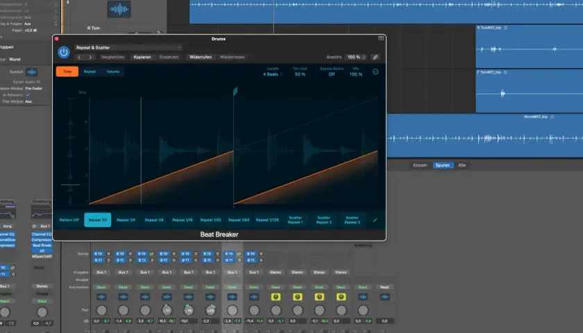 Beat Breaker-Plugin in Logic Pro X, das für kreative Rhythmus-Effekte genutzt wird. Ähnlich wie bei kostenlosen Logic Pro X Plugins, ermöglicht es die Manipulation von Beats.