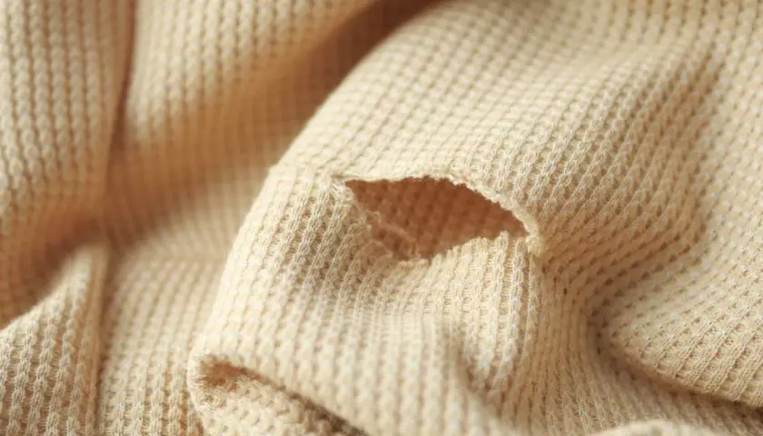 Uszkodzony beżowy sweter z dziurą. Dowiedz się, jak zacerować dziurę w swetrze, by znów był jak nowy.