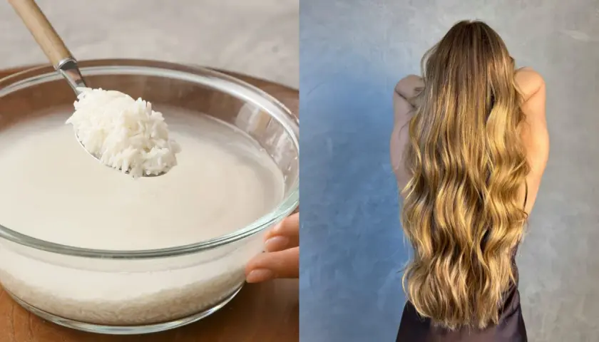 Agua de arroz para el pelo: un tazón con arroz y agua, y una mujer con cabello largo y rubio.