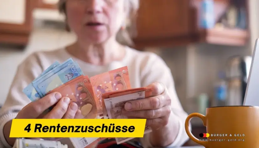 Frau zählt Geld, vielleicht für die Rente oder einen Nebenerwerb in der Landwirtschaft. Gelbe Tafel mit "4 Rentenzuschüsse".