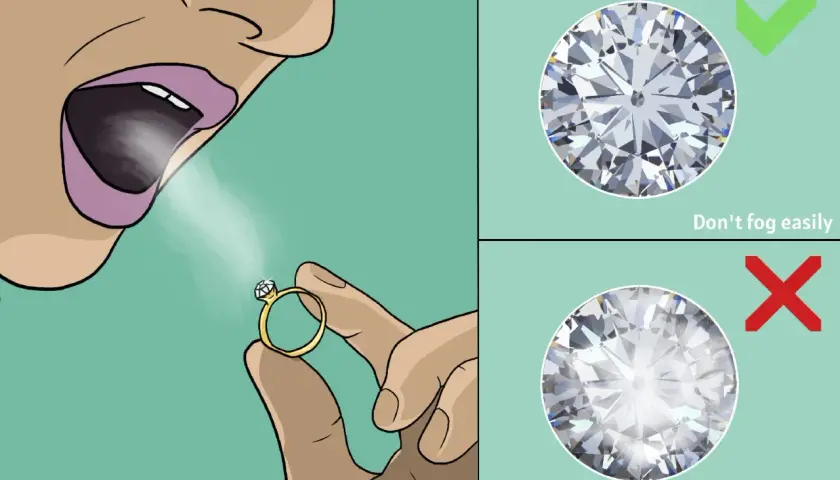 So wie erkennt man Diamanten als Laie: Ein echter Diamant beschlägt nicht lange. Ein gefälschter bleibt länger beschlagen.