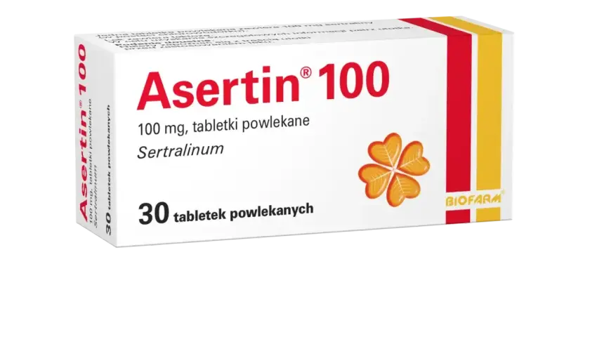 Opakowanie leku Asertin 100 mg, zawierające 30 tabletek powlekanych z sertraliną.