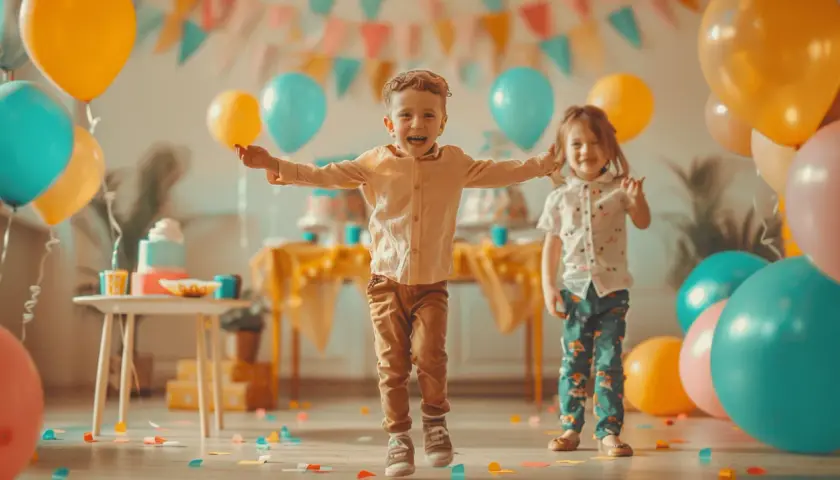Bambini felici festeggiano un compleanno al chiuso con palloncini colorati e coriandoli. Perfetti giochi per feste di compleanno al chiuso!