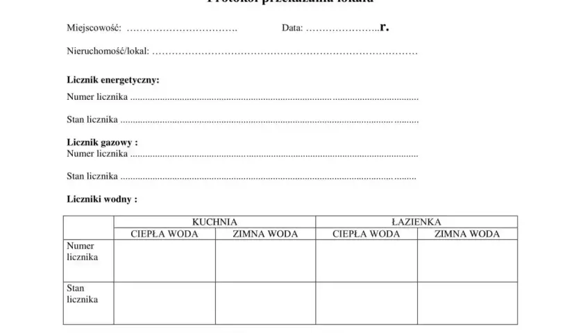 Protokół zdawczo odbiorczy domu zawiera pola na dane nieruchomości, liczniki (energetyczny, gazowy, wodne w kuchni i łazience) oraz klucze.