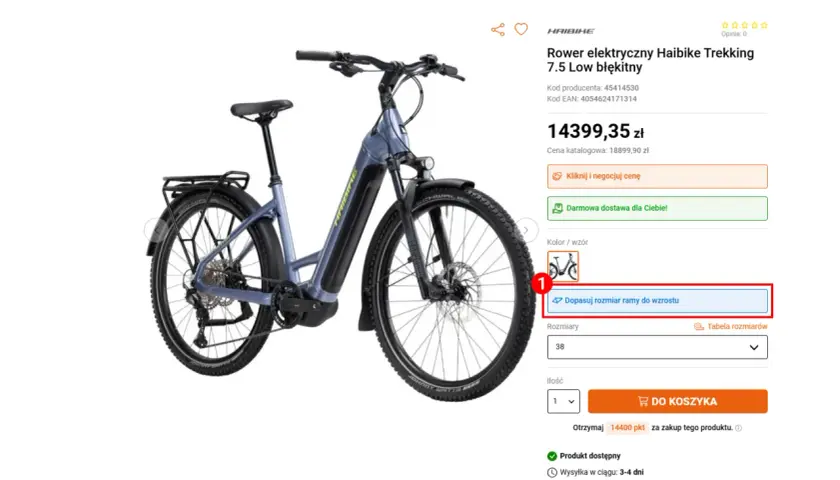 Błękitny rower elektryczny Haibike Trekking 7.5 Low. Kliknij "Dopasuj rozmiar ramy do wzrostu", aby dowiedzieć się, jak zmierzyć przekrok.