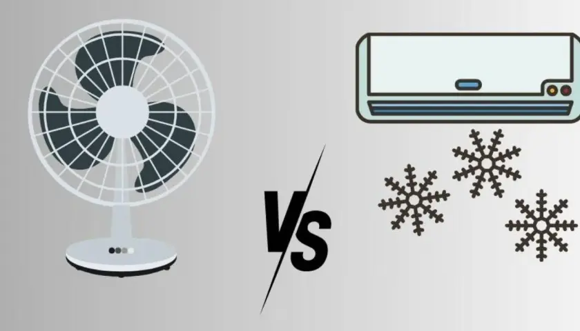 Ventilador vs. aire acondicionado. El ventilador genera brisa, el aire acondicionado, frío con copos de nieve.