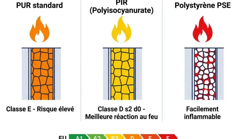 Comparaison de la réaction au feu de l'isolation : PUR standard (classe E), PIR (meilleure réaction) et polystyrène PSE (facilement inflammable).