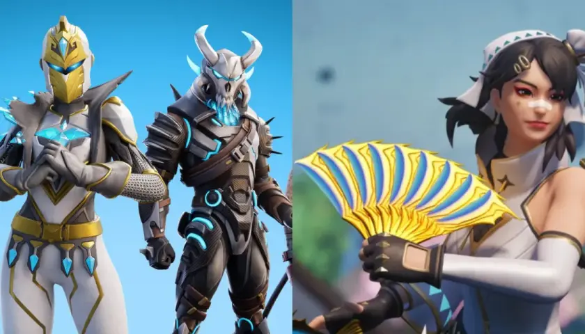 Postacie z Fortnite: rycerz w bieli i złocie, wojownik z czaszką i dziewczyna z wachlarzem. Spocone kilofy Fortnite czekają na graczy!