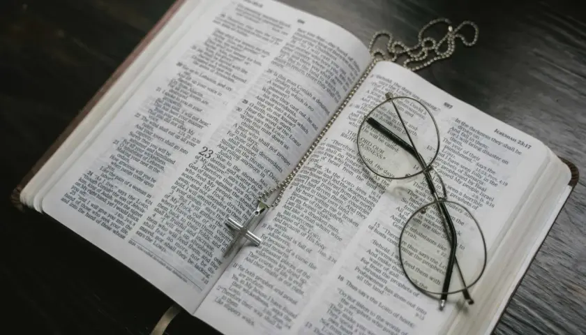Otwarta Biblia, krzyż na łańcuszku i okulary. Może to symbolizować św. Brygidę, jej modlitwę i 12-letnie objawienia.