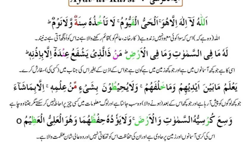 Arabic calligraphy of Ayat al-Kursi with Swedish translation and colored highlights.