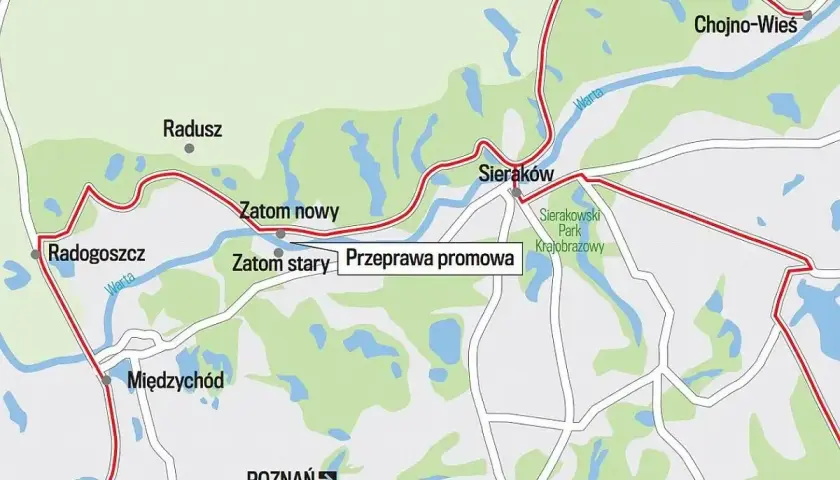 Mapa Puszczy Noteckiej z zaznaczoną trasą przez Radogoszcz, Sieraków i Chojno-Wieś. Widać rzekę Wartę i Sierakowski Park Krajobrazowy.