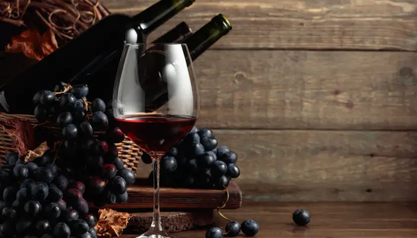 Calice di vino rosso, grappoli d'uva nera e bottiglie in un cesto. Ideale per scoprire i migliori sassicaia abbinamenti.