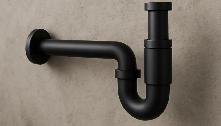 Elegancki, czarny syfon do umywalki, wykonany z matowego metalu, stanowi minimalistyczny element wyposażenia łazienki.