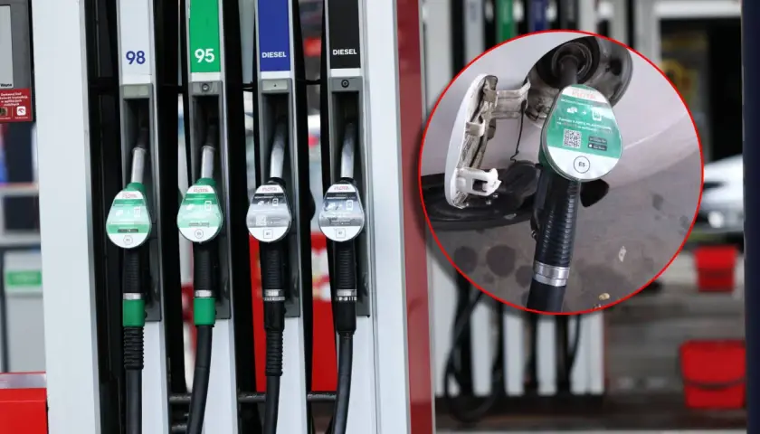 Dostępne różne rodzaje paliwa: 98, 95, Diesel. Widać też dystrybutor z oznaczeniem E5, wskazującym na liczbę oktanową.