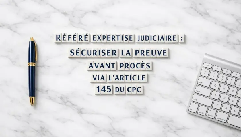 Un stylo et un clavier sur fond marbre. Des lettres forment "Référé expertise judiciaire : sécuriser la preuve avant procès via l'article 145 du CPC".