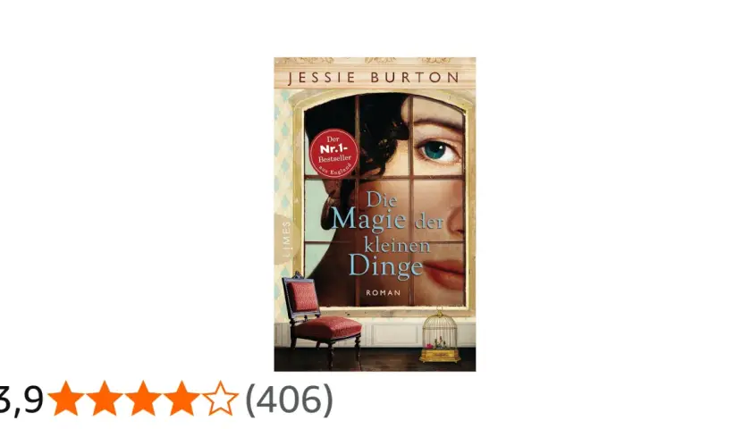 Jessie Burtons Roman "Die Magie der kleinen Dinge" zeigt ein Auge und Lippen hinter einem Fenster. Ein Sessel und ein Vogelkäfig deuten auf die Magie der kleinen Dinge hin.