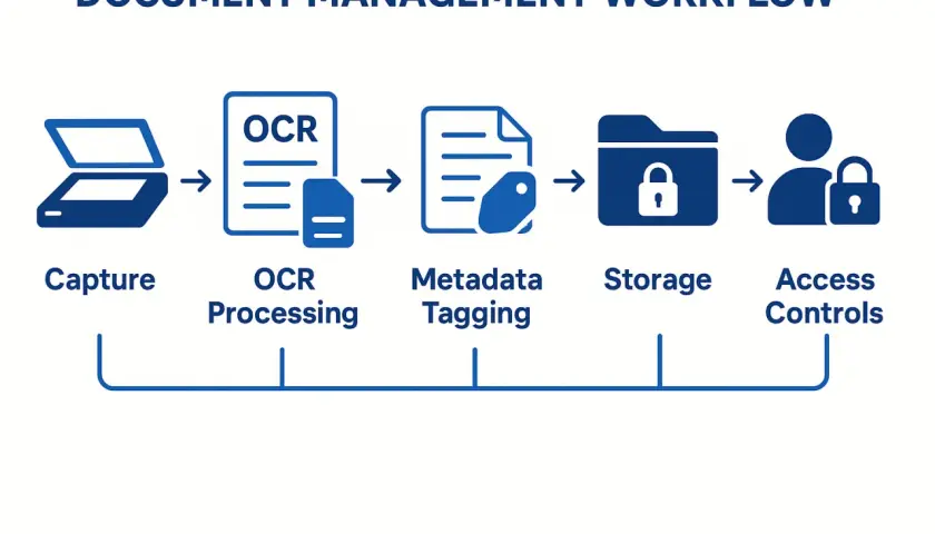 Flux de gestion documentaire : capture, traitement OCR, mise en place d'un index (métadonnées), stockage et contrôles d'accès.