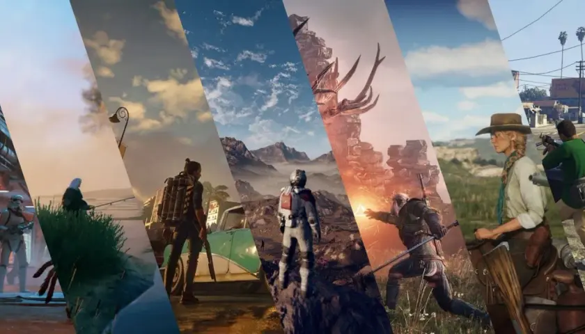 Wielobarwny kolaż scen z gier, od Gwiezdnych Wojen po westerny i fantasy. Każdy fragment to inny świat, pełen przygód i możliwości w **sandbox**!