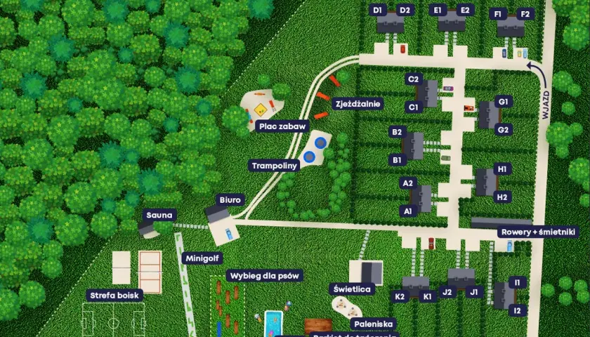 Mapa ośrodka z atrakcjami: plac zabaw, trampoliny, zjeżdżalnie, minigolf, basen, sauna, strefa boisk. Jura Krakowsko-Częstochowska oferuje wiele możliwości wypoczynku.