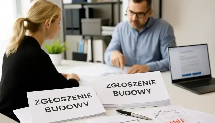 Mężczyzna i kobieta omawiają dokumenty "Zgłoszenie budowy". Na stole leżą plany z pieczątką "APPROVED", zgodnie z ustawą prawo budowlane.