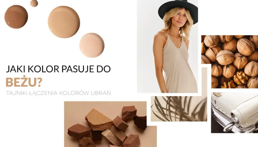 Kremowe krople podkładu, modelka w beżowej sukience, orzechy i fragment białego auta. Jak wygląda kolor beżowy?