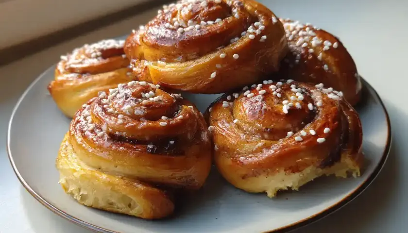 En tallrik med gyllene, nybakade goda vetebullar, toppade med pärlsocker. Perfekt för fikat!