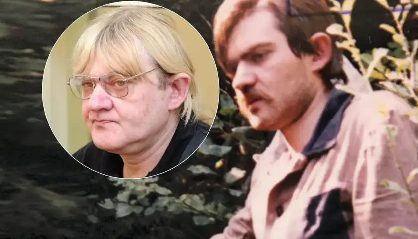 Dwóch mężczyzn. Na pierwszym planie młodszy, w jasnej koszuli. W okręgu widać twarz starszego, w okularach. Czy to żona Trynkiewicza?