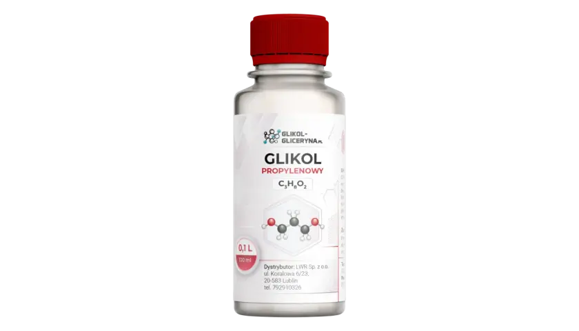 Butelka z płynem, na etykiecie nazwa "GLIKOL PROPYLENOWY" i wzór chemiczny. Dowiedz się, co to jest glikol propylenowy.