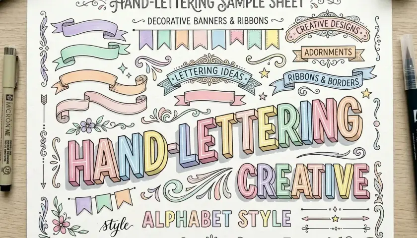 Hoja de muestra de lettering con ideas de letras para títulos, adornos, cintas y bordes en estilo alfabeto.