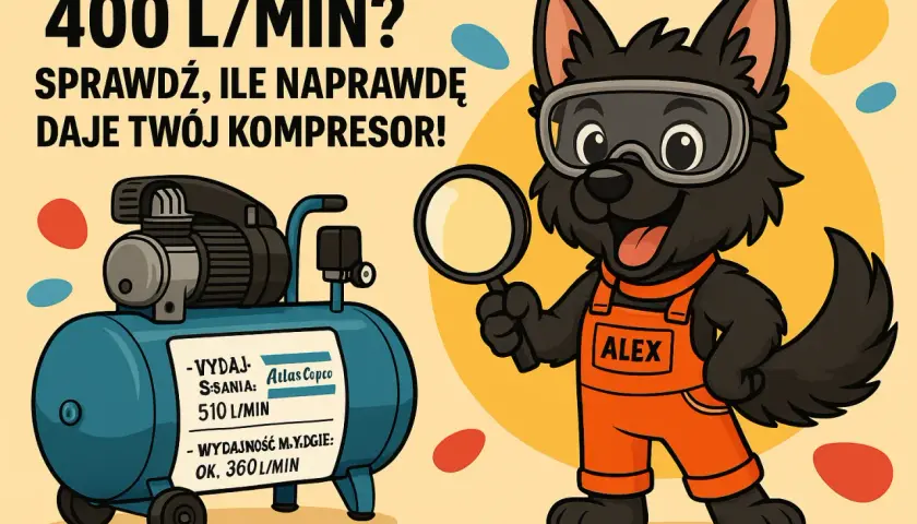 Alex, piesek w ogrodniczkach, pokazuje, jak obliczyć wydajność kompresora. Na etykiecie zbiornika widać dane: 510 L/min i 360 L/min.