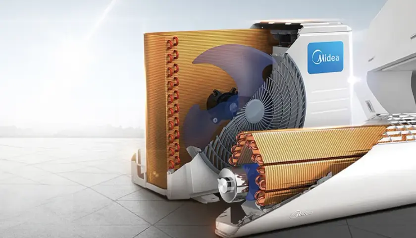 Componentes internos de un aire acondicionado Midea, mostrando el ventilador y los serpentines de cobre. Ideal para el mantenimiento del aire acondicionado.