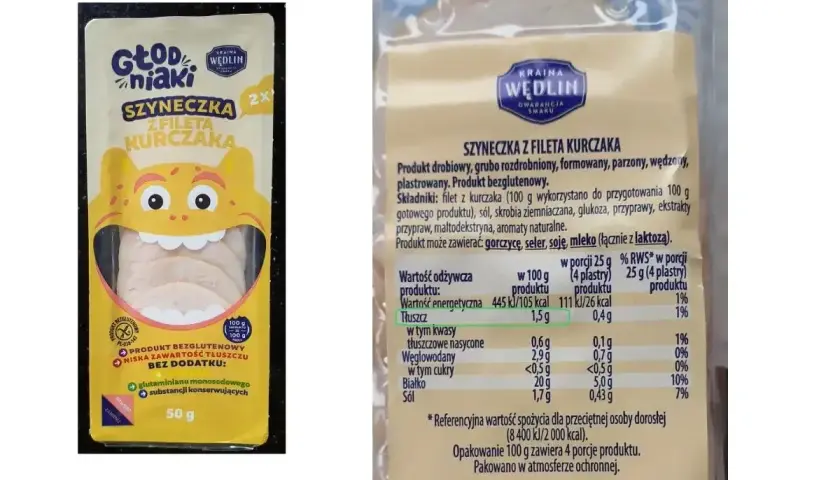 Szyneczka z fileta kurczaka, 50g. Niska zawartość tłuszczu, bez dodatków. Wartość energetyczna 105 kcal na 100g.