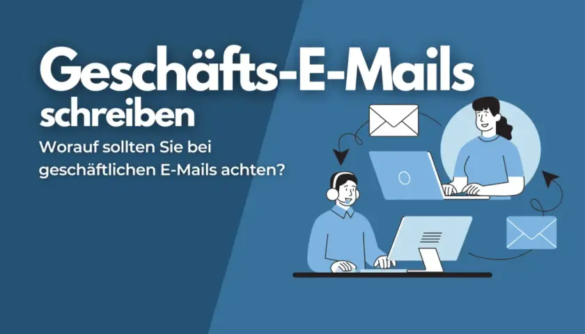 Geschäftliche E-Mails schreiben: Tipps zur e-mail etikette. Illustration zeigt Personen, die an Computern arbeiten und E-Mails austauschen.