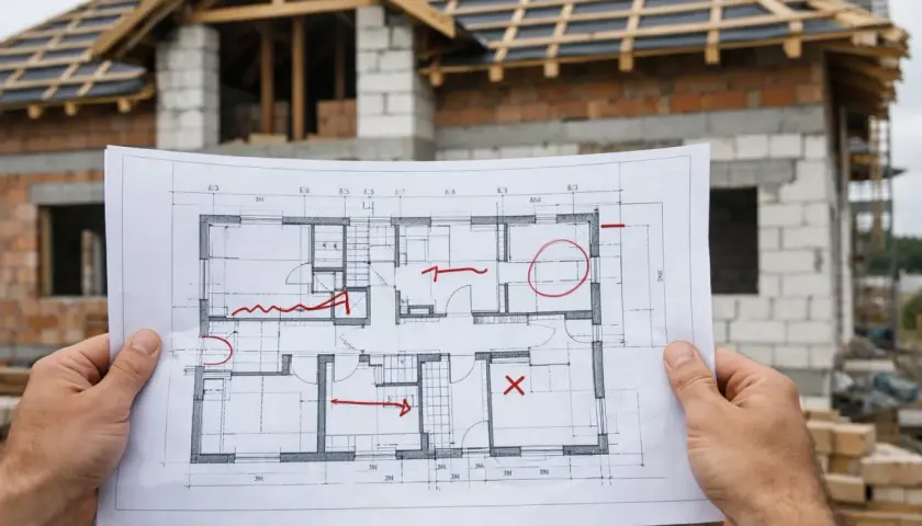 Kierownik budowy analizuje projekt domu w budowie, zaznaczając czerwonymi symbolami jakie zmiany w projekcie może wprowadzić.