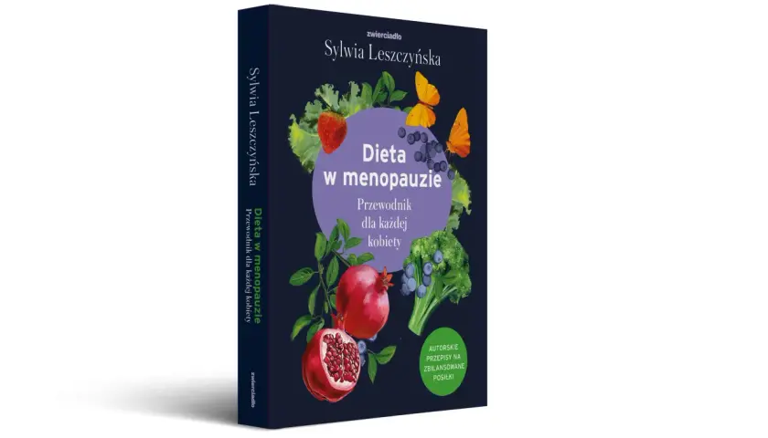 Książka "Dieta w menopauzie" Sylwii Leszczyńskiej. Okładka z owocami, warzywami i motylami. Przewodnik po zdrowym odżywianiu dla kobiet.