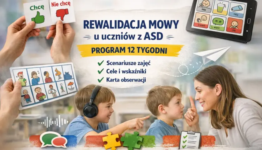 Dzieci z ASD, nauczycielka i pomoce dydaktyczne: karty, tablet, puzzle.