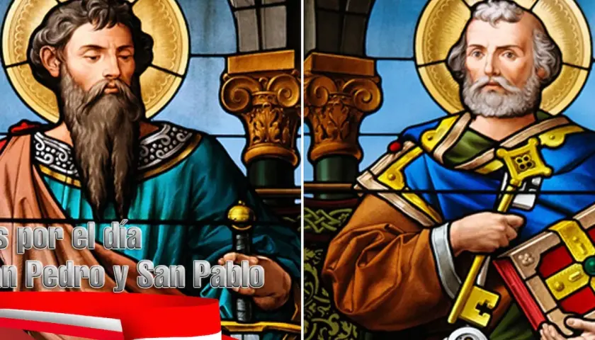 Vitrales de San Pedro y San Pablo, celebrando su día. San Pablo, con espada, y San Pedro, con llaves y libro.