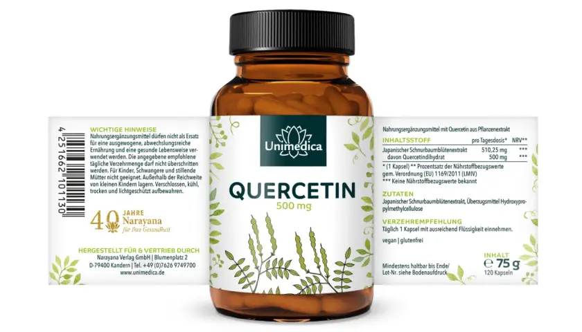 Flasche mit Quercetin-Kapseln (500 mg). Die Wirkung von Quercetin wird durch den japanischen Schnurbaumblütenextrakt unterstützt. Vegan, glutenfrei.